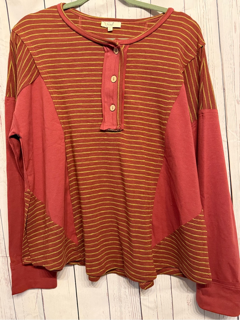 Easel burgundy  and lime Striped Long Sleeve Henley Top
